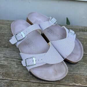 Birkenstock Birki's Sydney Stripe Purple White Two Strap Buckle Sandals 39 L8 M6